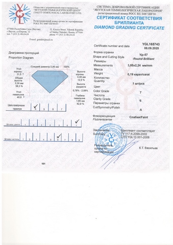 Бриллиант  0,190 карат