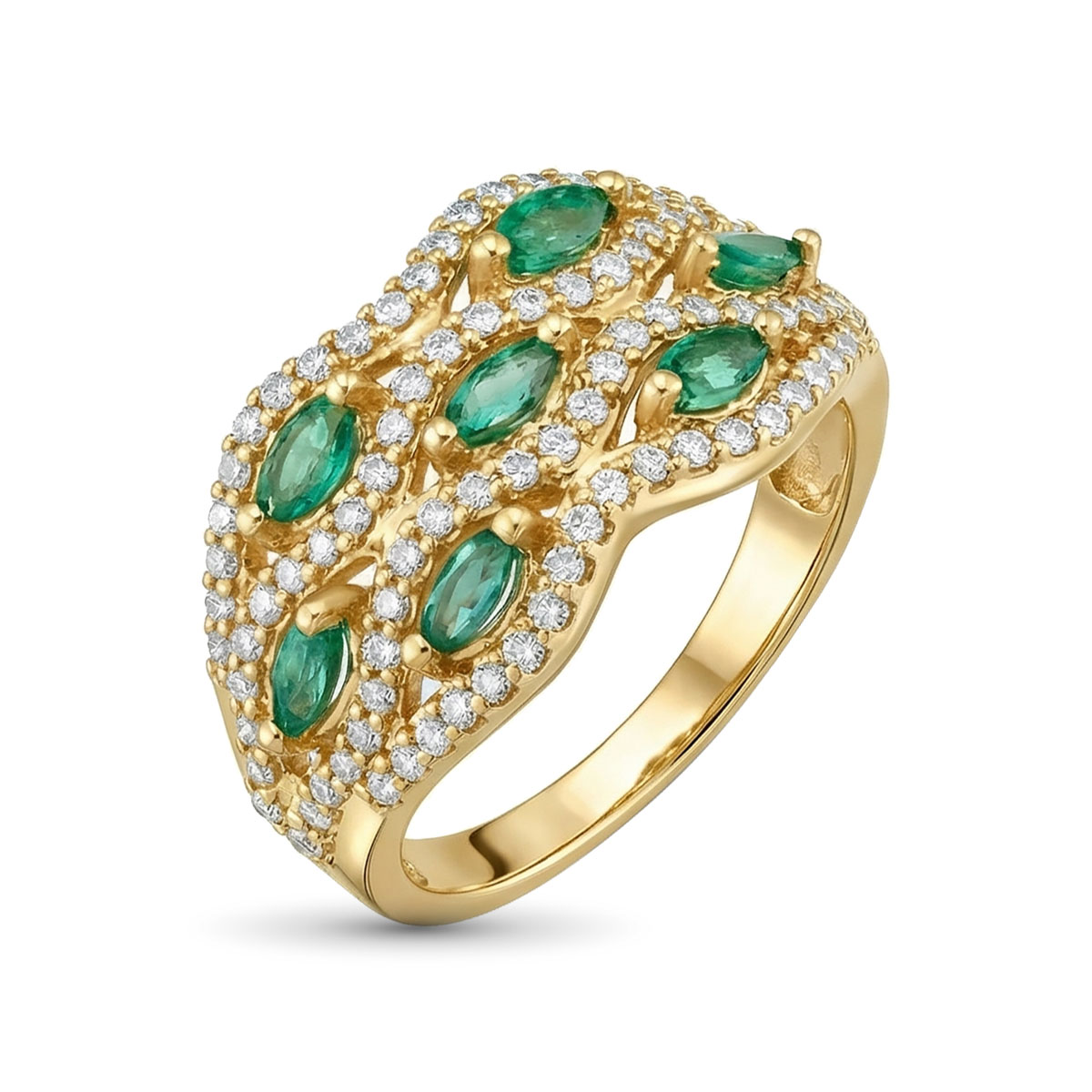 Кольцо из желтого золота с изумрудами и бриллиантами