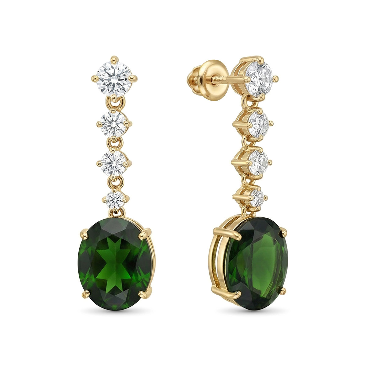 Серьги из желтого золота с хромдиопсидом и бриллиантами