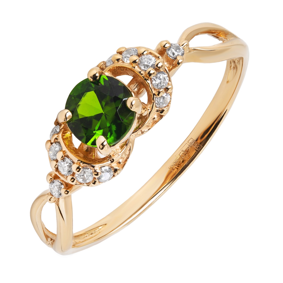 Кольцо из красного золота с фианитом и хромдиопсидом