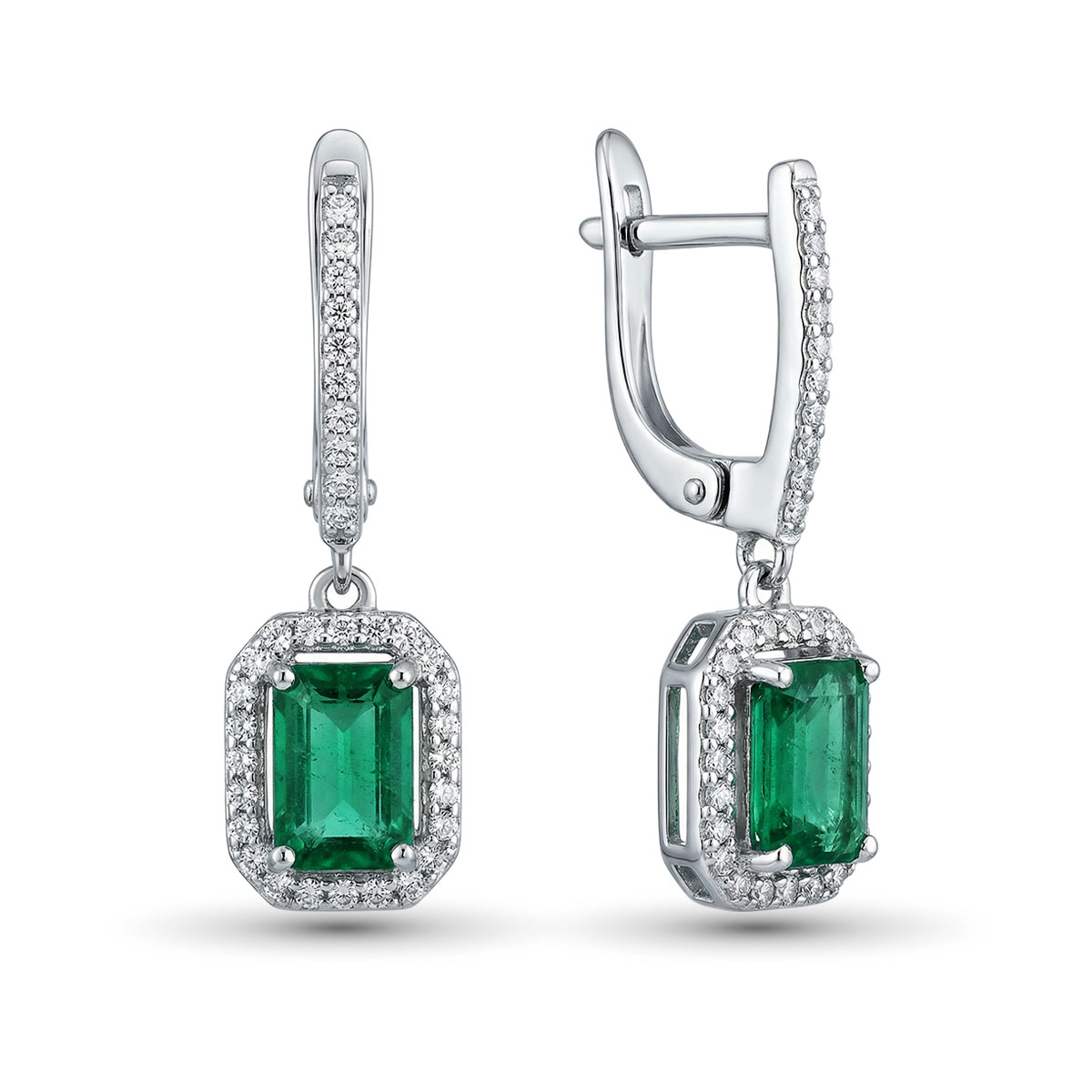 Серьги из белого золота с изумрудпо и бриллиантами