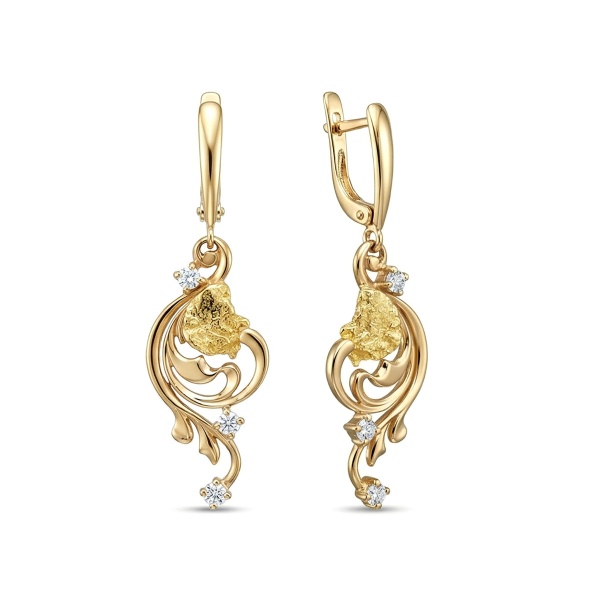 Серьги из желтого золота с самородком и бриллиантами