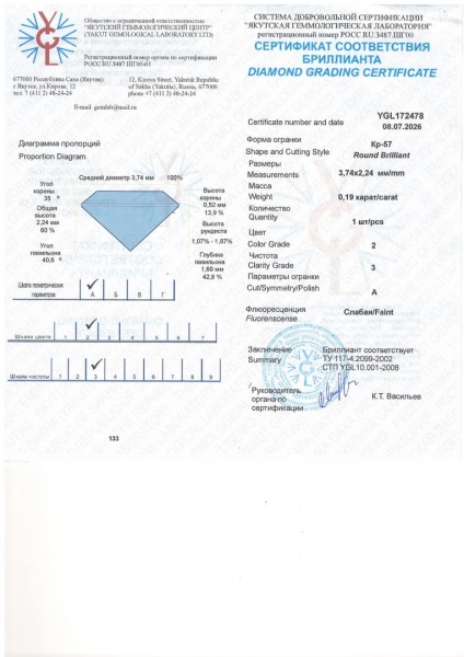 Бриллиант круглый 0,190 карат