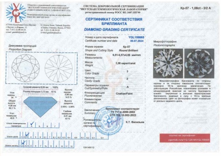 Бриллиант круглый 1,080 карат