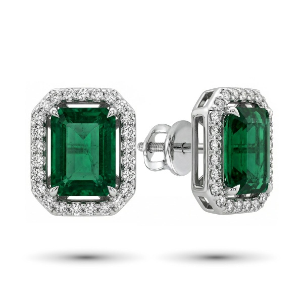 Серьги из белого золота с изумрудпо и бриллиантами