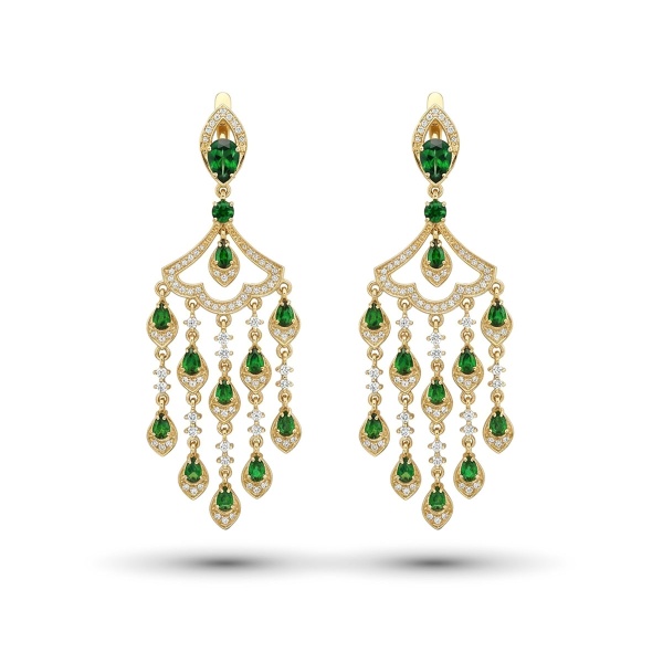 Серьги из желтого золота с хромдиопсидом и бриллиантами