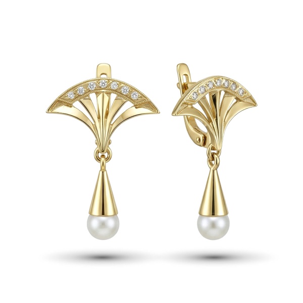Серьги из желтого золота с жемчугом и бриллиантами