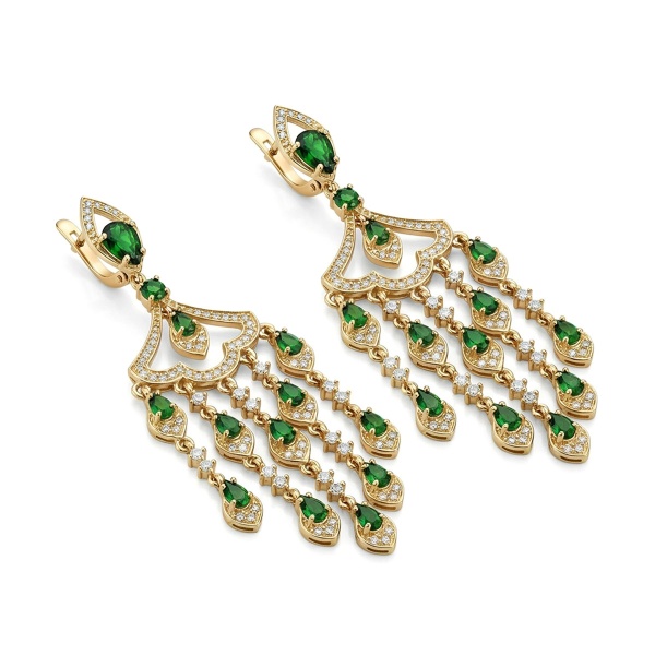 Серьги из желтого золота с хромдиопсидом и бриллиантами