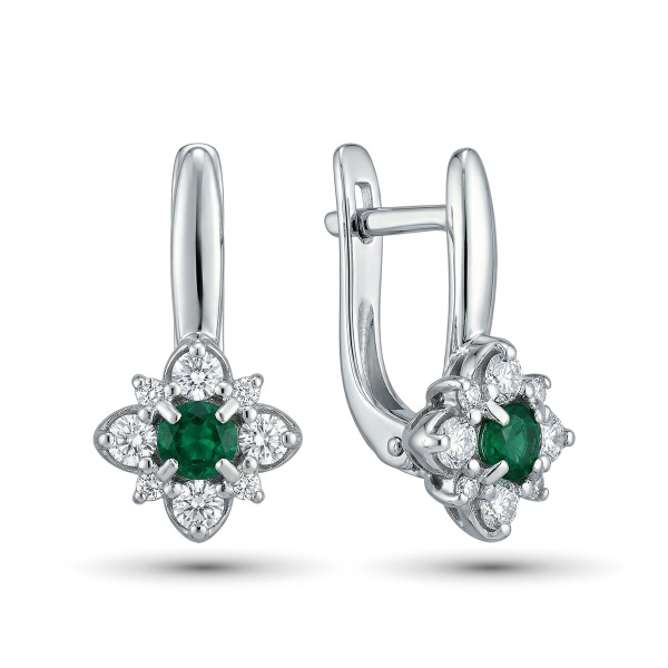 Серьги из белого золота с изумрудпо и бриллиантами