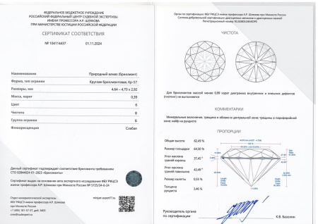 Бриллиант круглый 0,390 карат