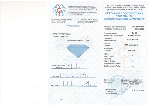 Бриллиант круглый 0,070 карат