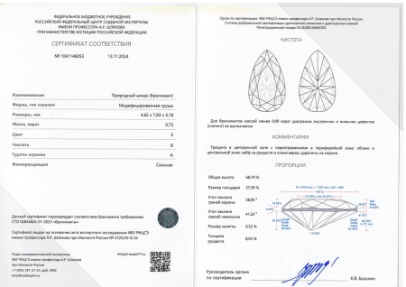 Бриллиант груша 0,730 карат