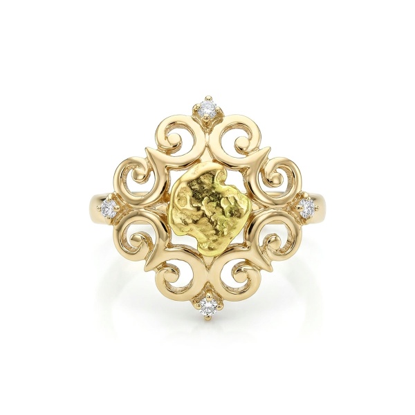 Кольцо из желтого золота с самородком и бриллиантами