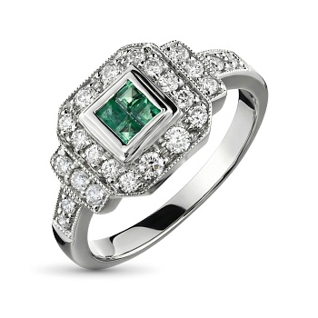 Кольцо из белого золота с изумрудом и бриллиантами