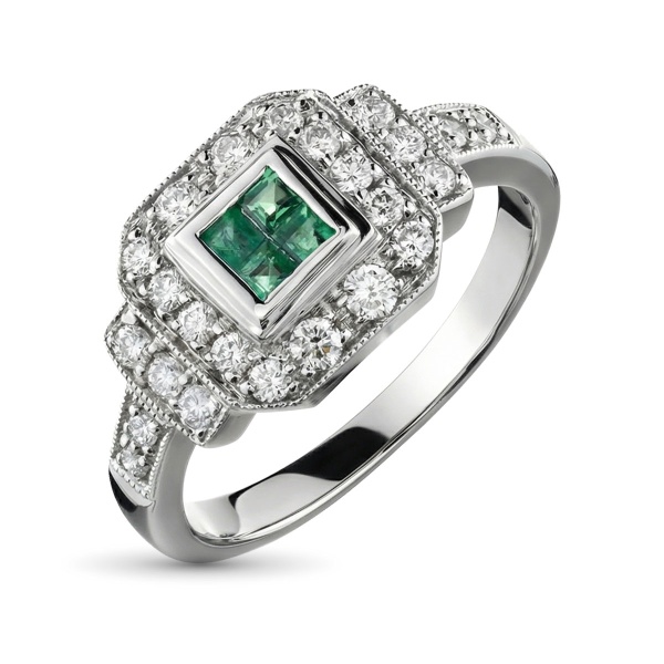 Кольцо из белого золота с изумрудом и бриллиантами