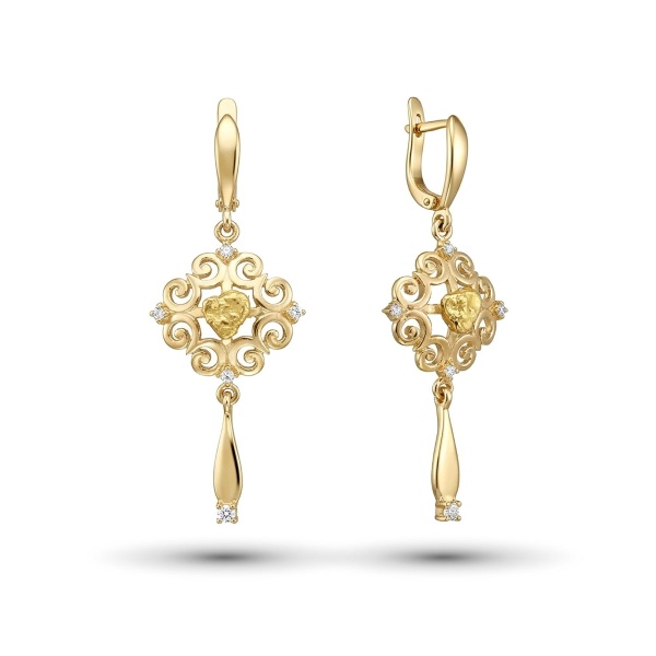 Серьги из желтого золота с самородком и бриллиантами