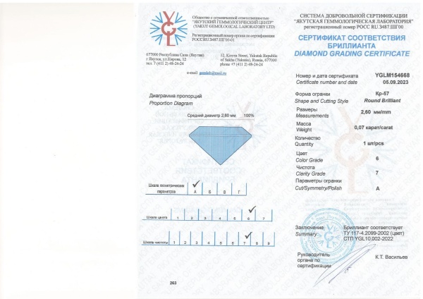 Бриллиант круглый 0,070 карат