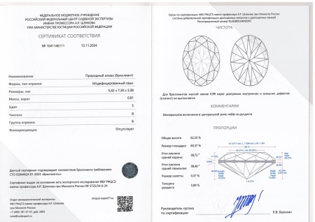 Бриллиант овал 0,910 карат