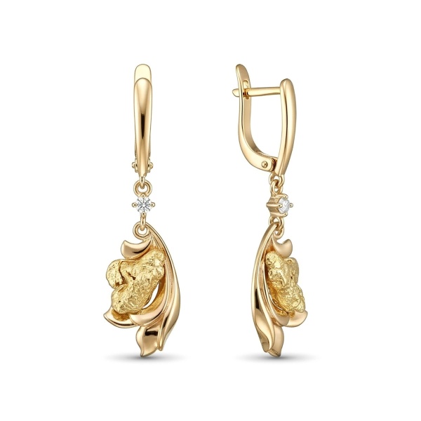 Серьги из желтого золота с самородком и бриллиантами