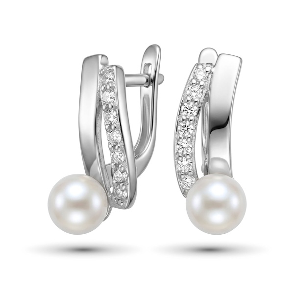 Серьги из родированного золота с жемчугом и бриллиантами