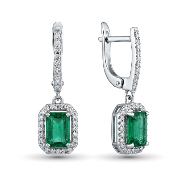 Серьги из белого золота с изумрудпо и бриллиантами